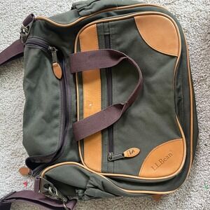 LL Bean Canvas Leather Trim Messenger Bag Olive Brown Travel Duffle‎ Carryon